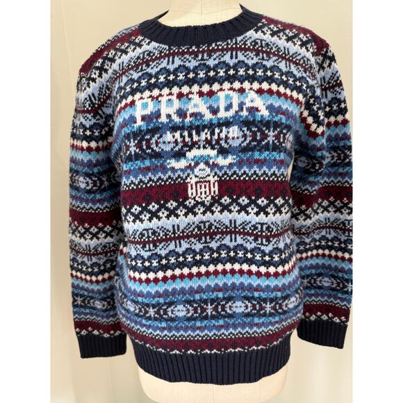 Womens 42 M LambsWool Prada crewneck sweater Navy 2022 Girocollo logo Fair Isle - Picture 1 of 12